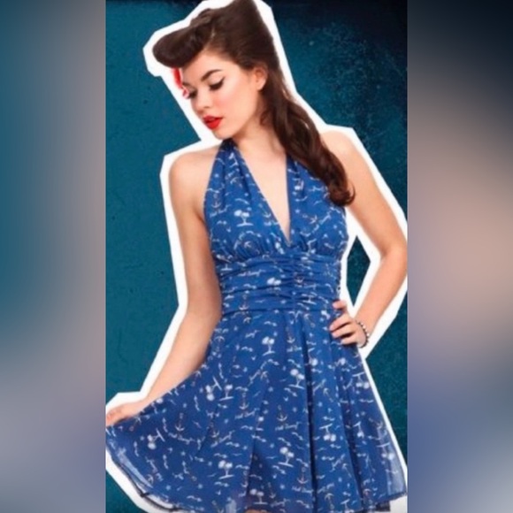 Hell Bunny Blue Halter for and flare  Dress with a pin up girl flair size small - Picture 10 of 10